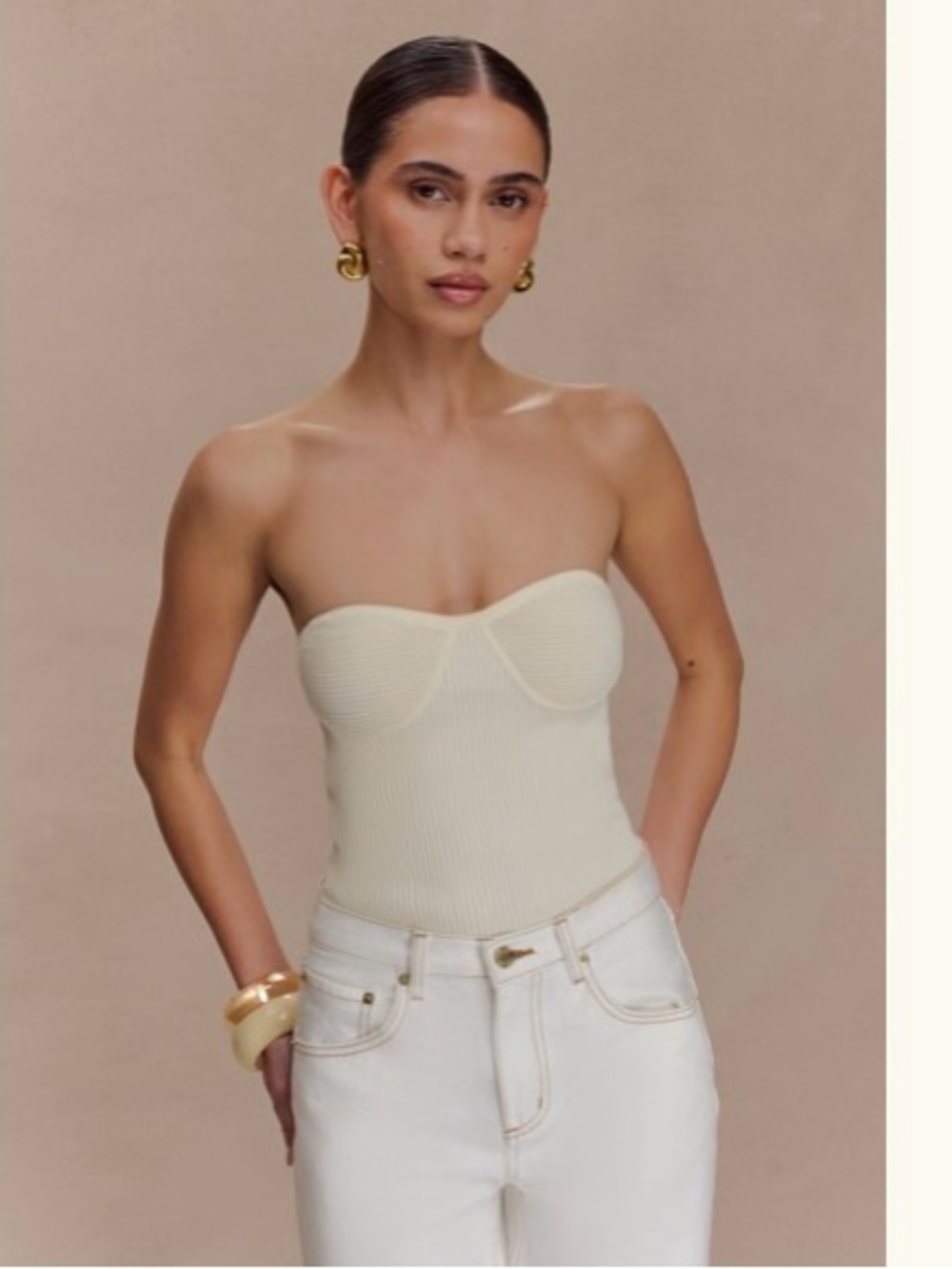 Meshki Cream Strapless Ribbed Bustier Top
